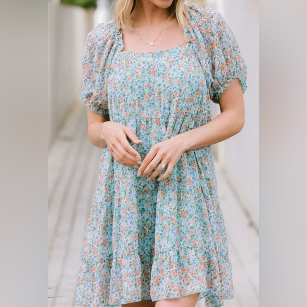Umgee Say What You Mean Mint Green Ditsy Floral Print Dress.